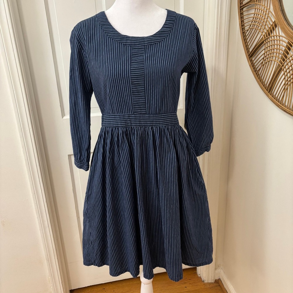 Mata Traders Boho Gorpcore Blue Stripe Cotton Dress Sz M Pockets